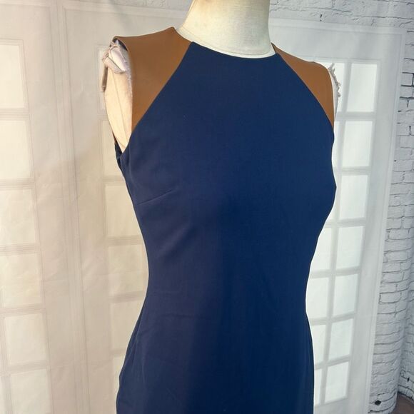 Lauren Ralph Lauren Sleeveless brown leather trim sheath Dress Size 4P - Picture 2 of 8